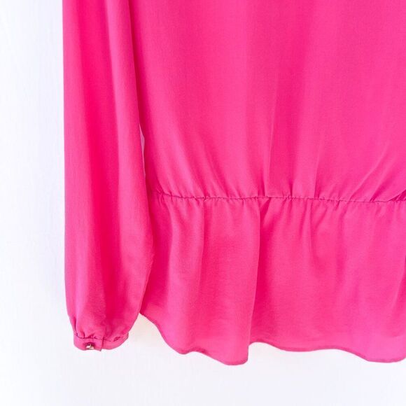 Ann Taylor 100% Silk Hot Pink V Neck Faux Wrap Long Sleeve Shirt Small - Picture 7 of 8
